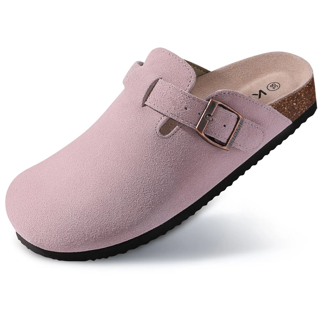 Gacimy Women's Suede Clogs with Arch Support Retro Leather Flat Mules Lady Cork Footbed Sandals Unisex Classic Clogs Slippers