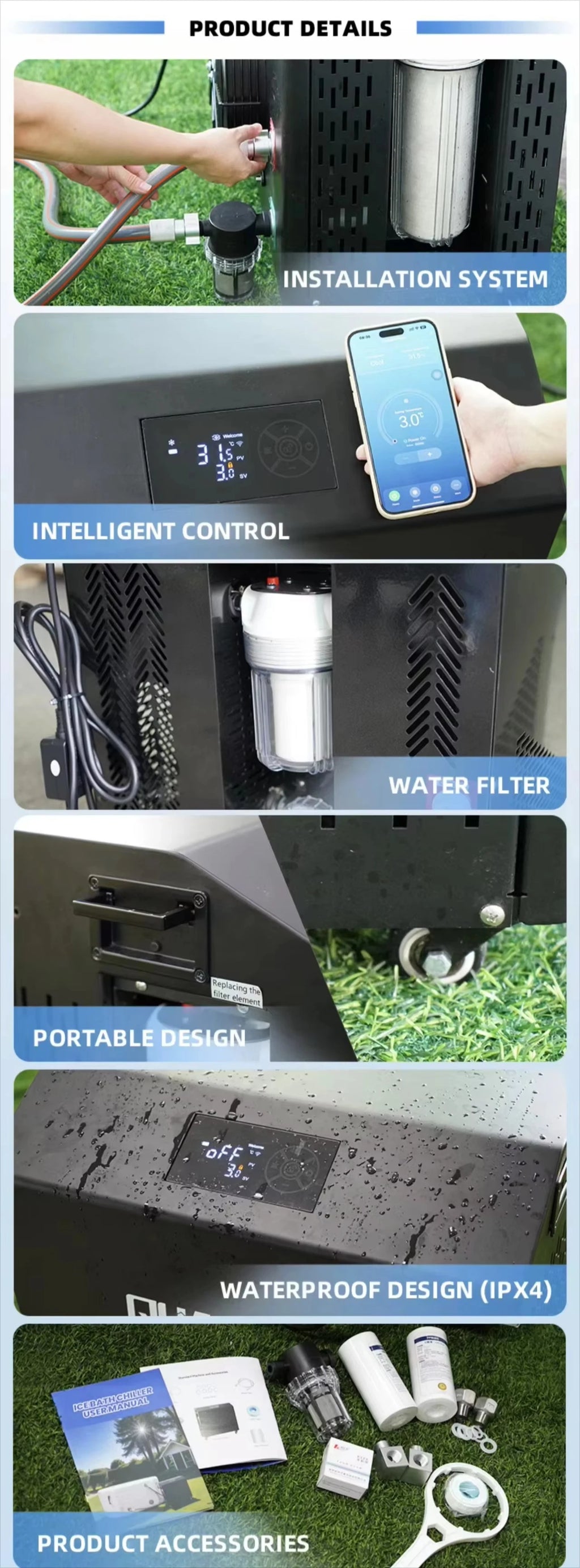 تطبيق واي فاي متقدم للتحكم في مبرد حمام الثلج للاستخدام الخارجي، مبرد الصحة والعافية