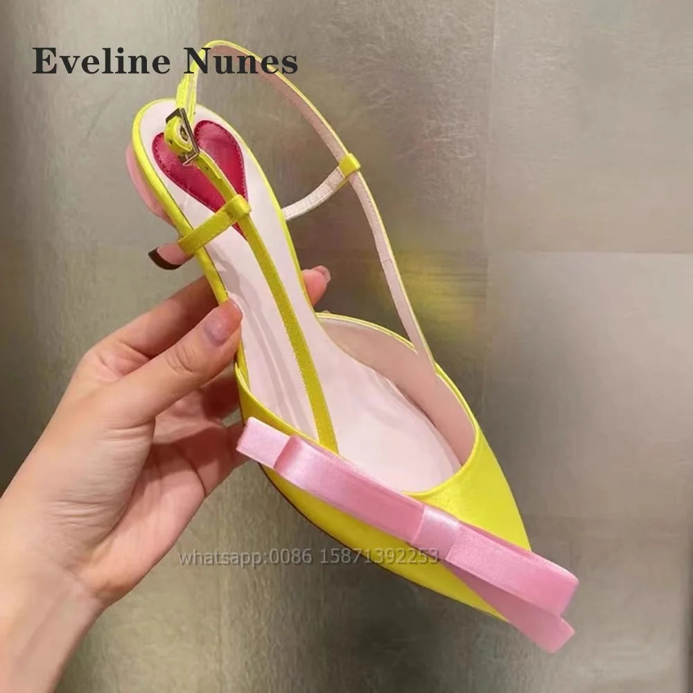 Bow Heart-Shaped Satin Sandals Pointed Toe Thin Heels Back Strap Side Air Slingback Women Pumps Buckle Strap Mixed Colors Shoes