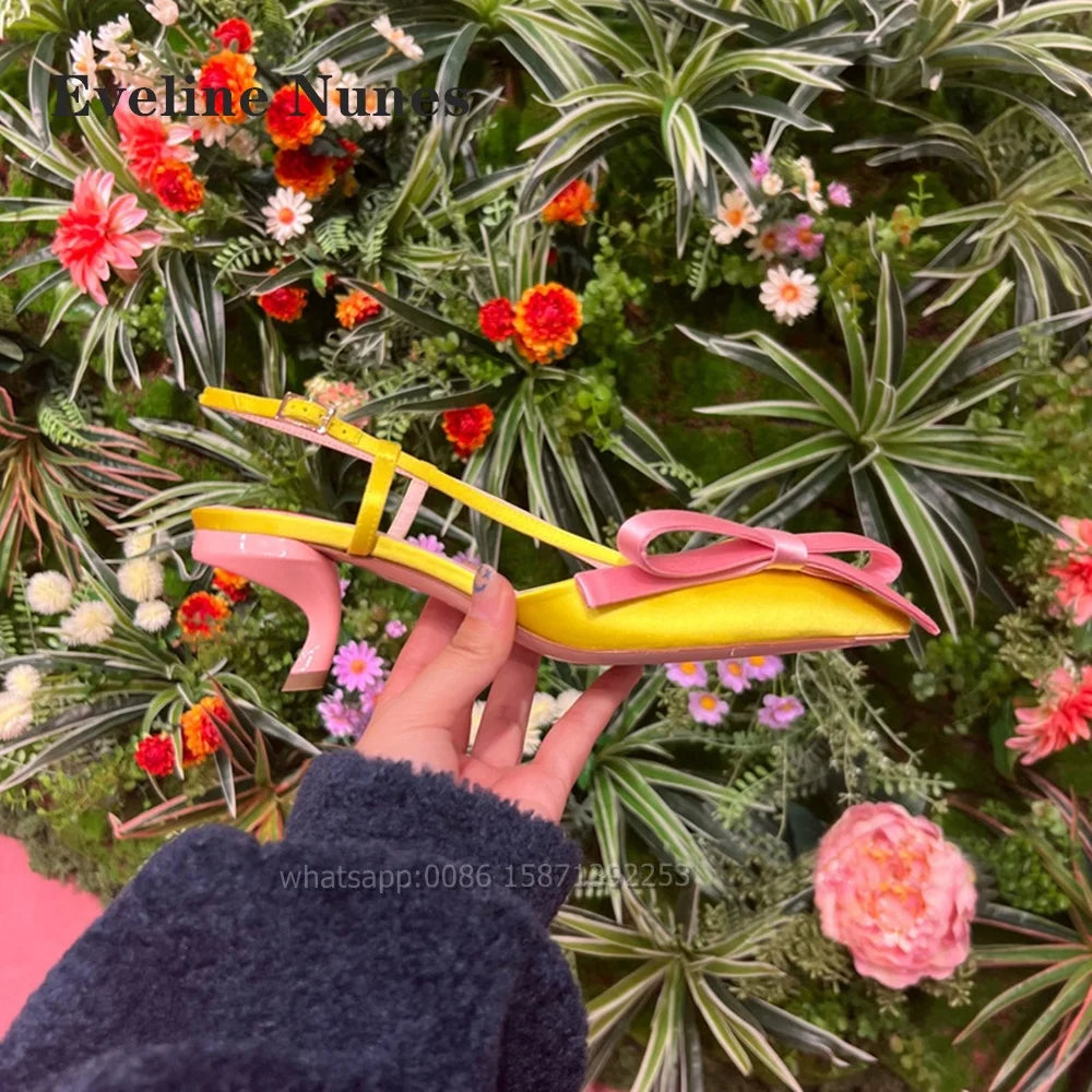 Bow Heart-Shaped Satin Sandals Pointed Toe Thin Heels Back Strap Side Air Slingback Women Pumps Buckle Strap Mixed Colors Shoes