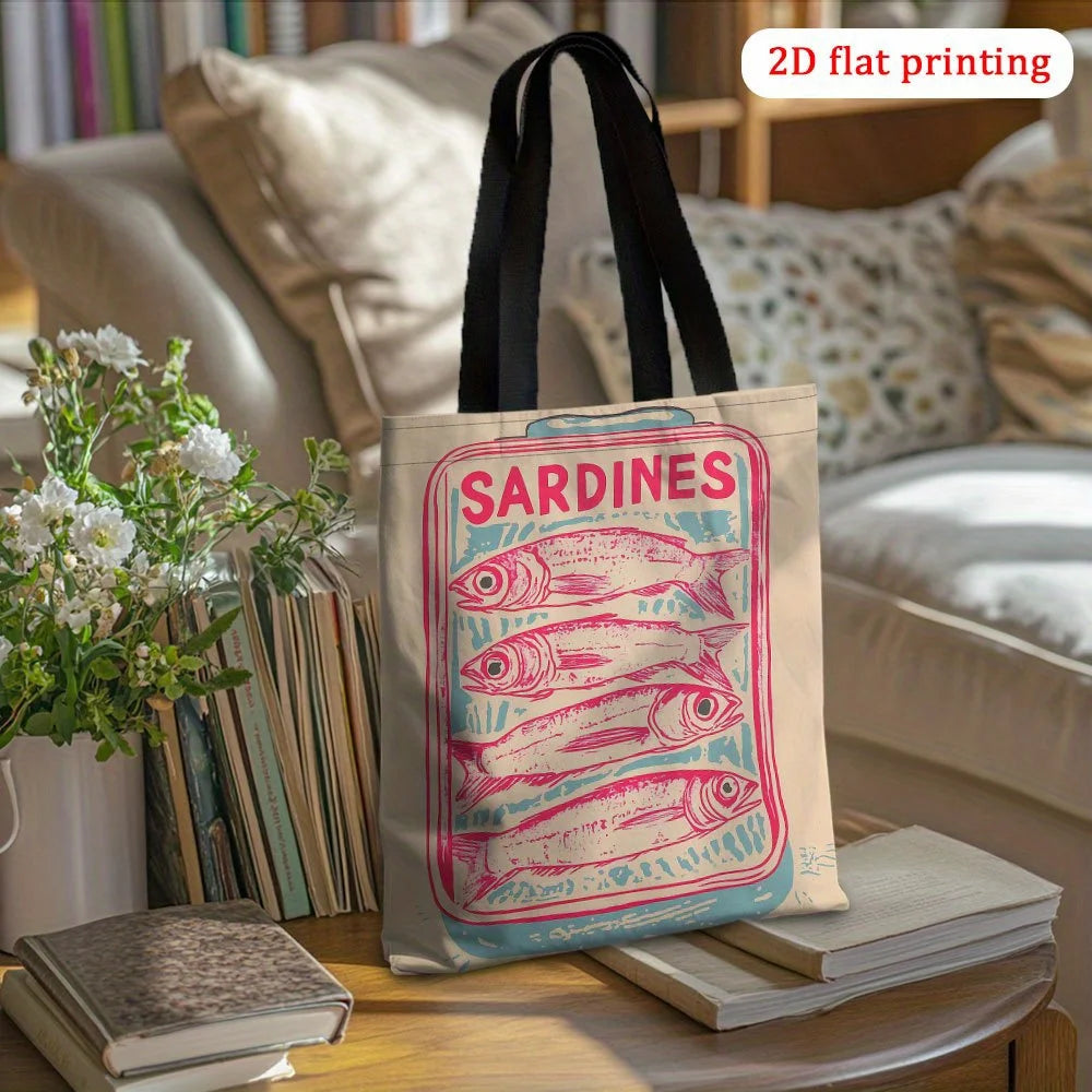 1pc Vintage Sardines Illustration Tote Bag - Retro Design, Durable Polyester Unisex Shoulder Bag for Men & Women