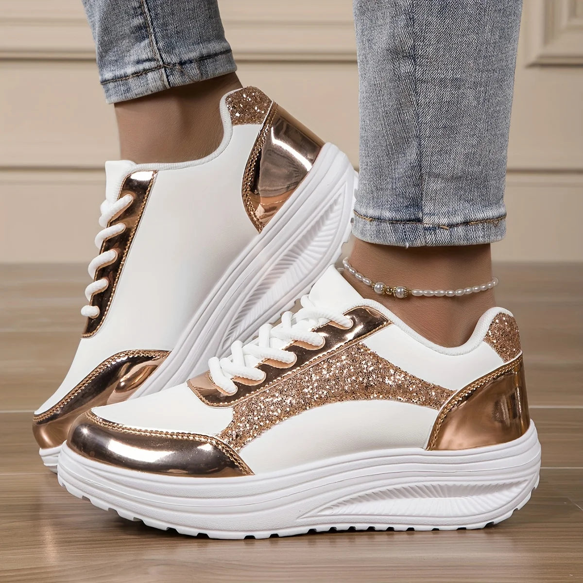 Women's Pure Color Sequins Sneaker, Lace-up Platform Sequined Decorative Walking Rock Shoes, High Top Sneakers Sneaker