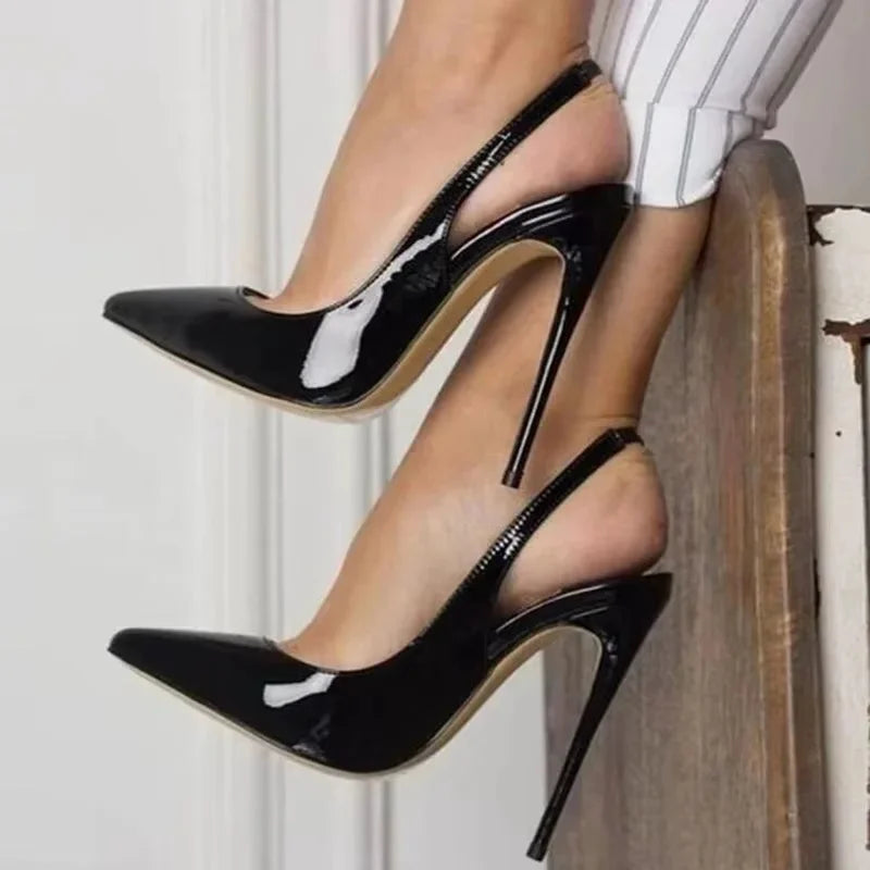 Sexy Black Patent Leather Pointy Toe Slingback Pumps 12cm Stiletto High Heels Elastic Band Woman Party Shoes Cutouts Heels QP246