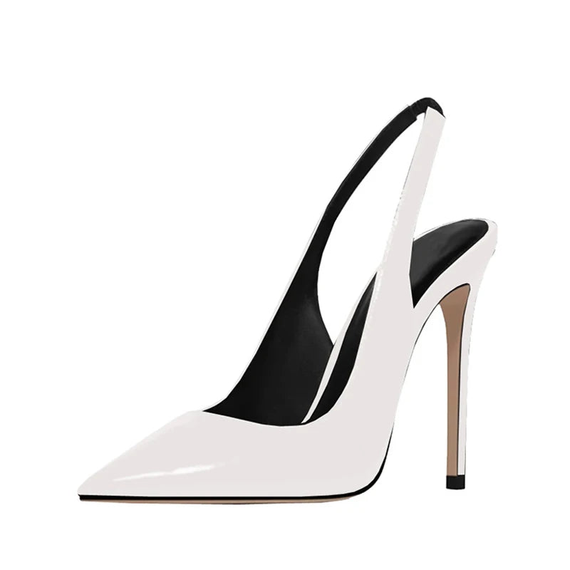 Sexy Black Patent Leather Pointy Toe Slingback Pumps 12cm Stiletto High Heels Elastic Band Woman Party Shoes Cutouts Heels QP246