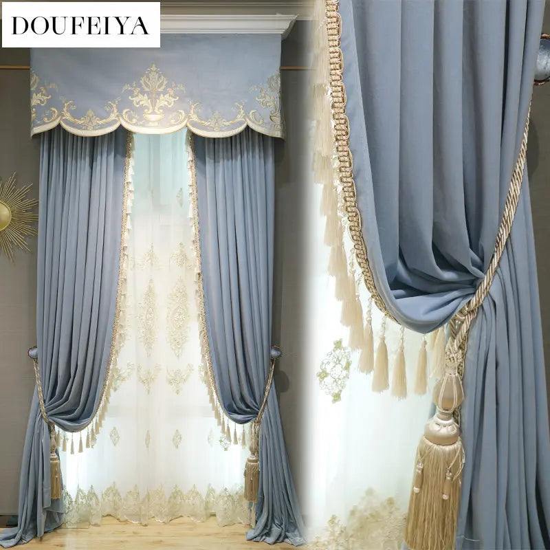 Modern European Luxury Curtains for Living Room Bedroom Blue Velvet Spliced Tassel Curtain Flat Valance Embroidered Tulle Custom