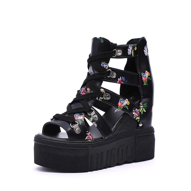 Ladies High-heel Women's Wedge Sandals Summer Thick-bottom Hollow Fish Mouth Roman Style Gladiator Casual Zipper Platform Shoe