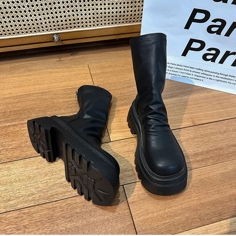 Platform Heel Women Short Booties Fashion Back Zippers Ankle Booties Retro Style Autumn Winter Female Shoes