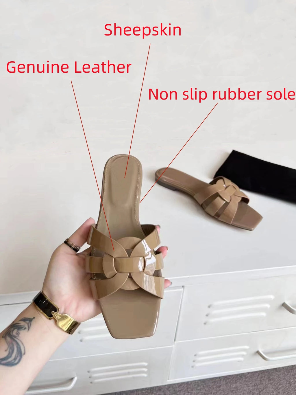 Plus Size 34-43 Women's Slippers Leather Flat Bottom Shallow Open Toe Fishbill Shoes Elegant Office Shoes Comfortable Home Shoes