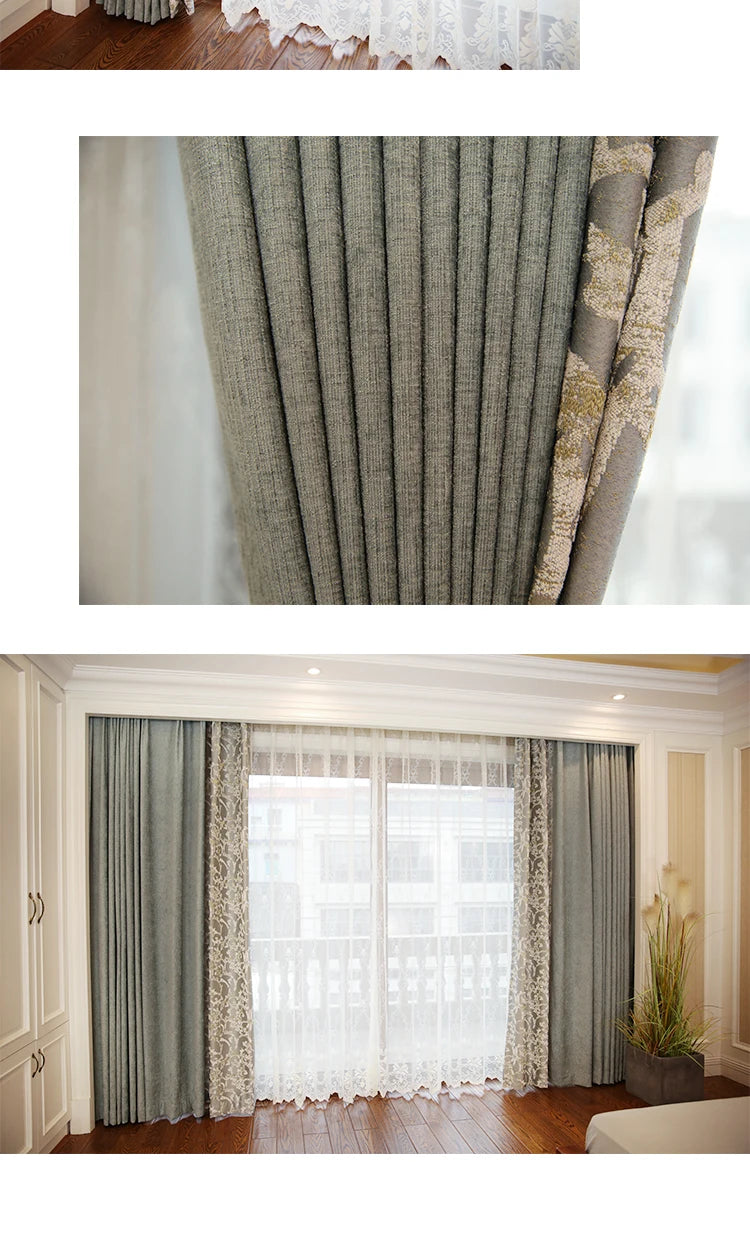 Custom Curtains for Living Room Simplicity Lace Splicing Green Chenille Blackout Embroidery Valance Tulle High Quality Fabric