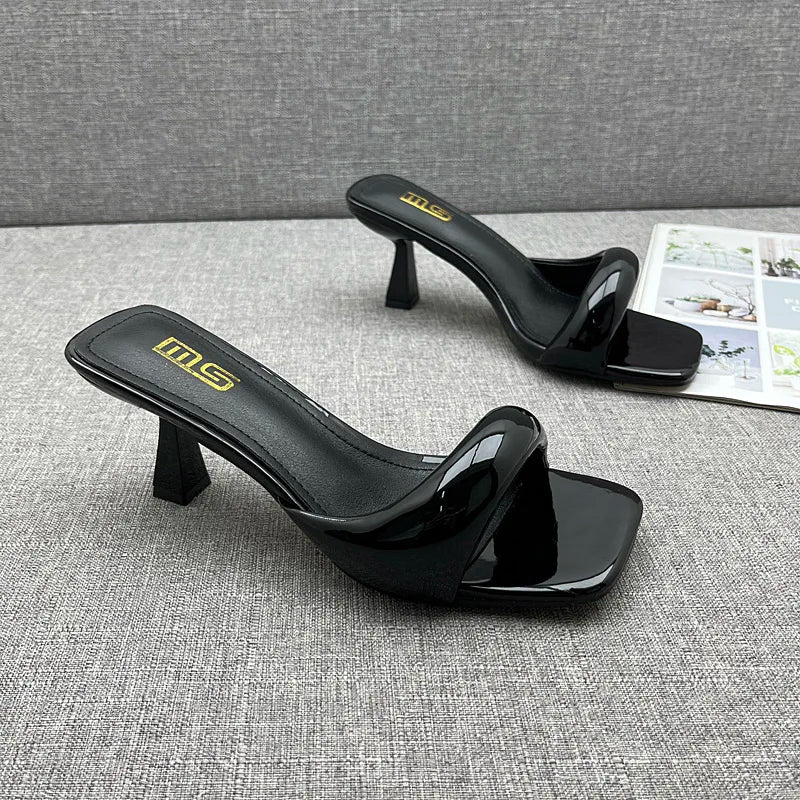 Modern Slippers 2024 Summer New Patent Leather Asymmetric High Heel Slippers Stiletto Stylish Outside Women's Sandals
