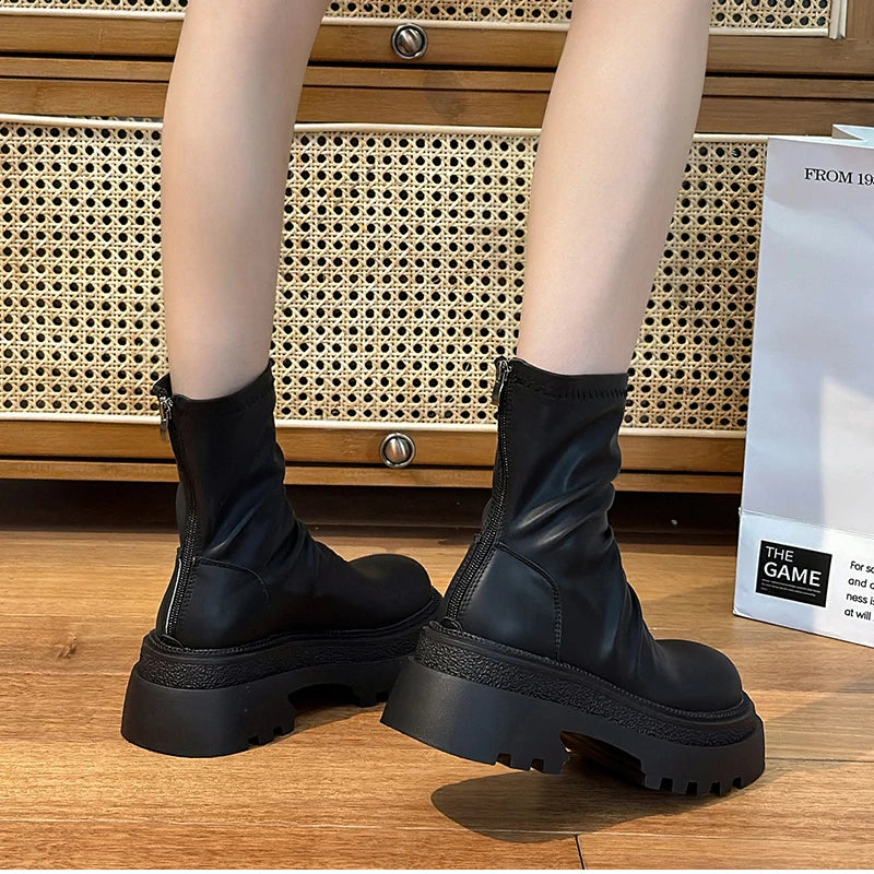 Platform Heel Women Short Booties Fashion Back Zippers Ankle Booties Retro Style Autumn Winter Female Shoes