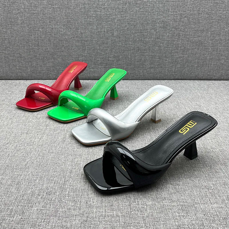 Modern Slippers 2024 Summer New Patent Leather Asymmetric High Heel Slippers Stiletto Stylish Outside Women's Sandals