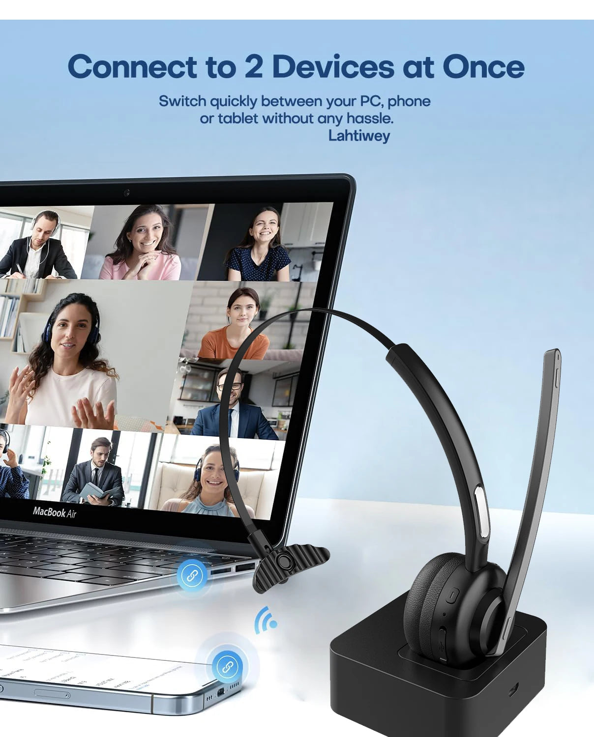 سماعة بلوتوث، سماعة رأس لاسلكية مزودة بميكروفون للعمل، سماعات رأس بلوتوث V5.3 لسائقي الشاحنات، سماعة رأس للكمبيوتر مزودة بميكروفون