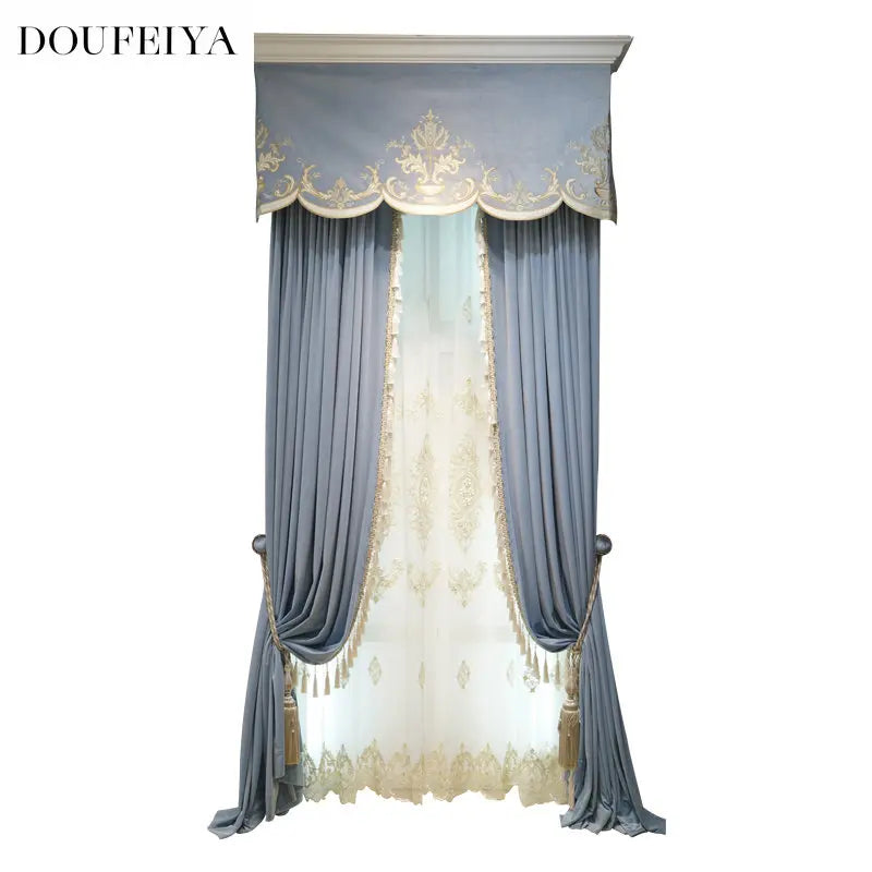 Modern European Luxury Curtains for Living Room Bedroom Blue Velvet Spliced Tassel Curtain Flat Valance Embroidered Tulle Custom
