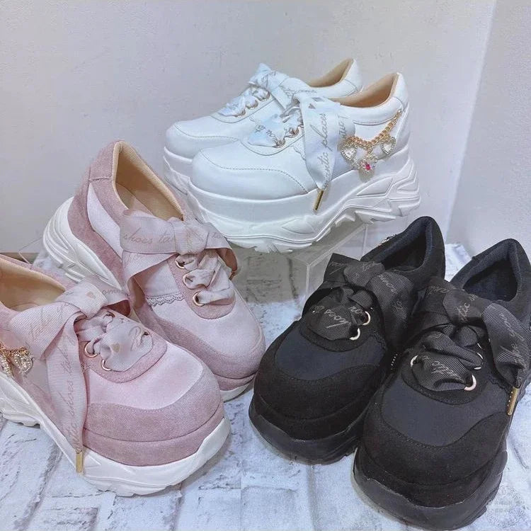 Liz Japanese Heart Shape Rhinestone Pearl Mine Series Thick Bottom Platform Lolita Casual Muffin Shoes Sweet Sports Shoes