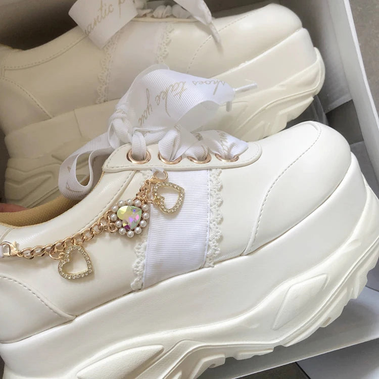 Liz Japanese Heart Shape Rhinestone Pearl Mine Series Thick Bottom Platform Lolita Casual Muffin Shoes Sweet Sports Shoes