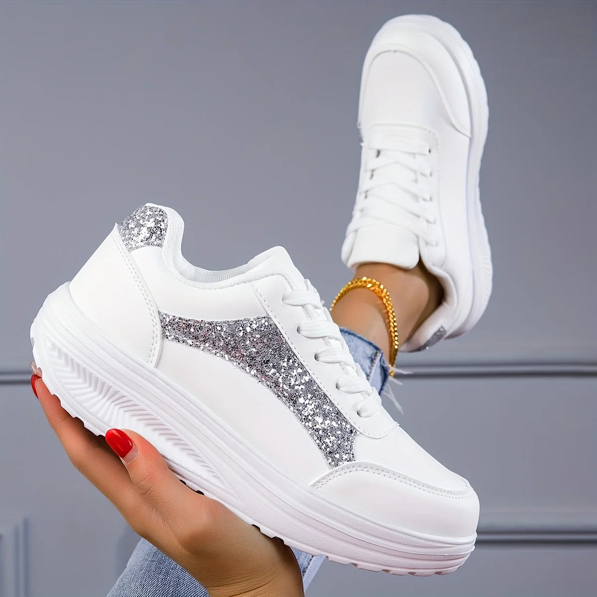 Women's Pure Color Sequins Sneaker, Lace-up Platform Sequined Decorative Walking Rock Shoes, High Top Sneakers Sneaker