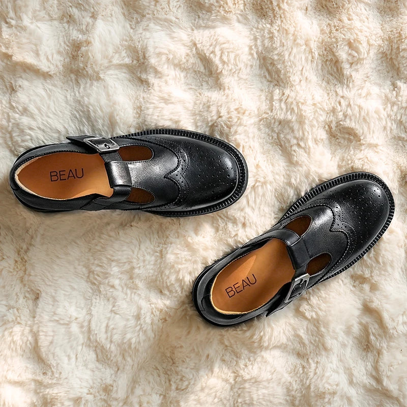 BEAUTODAY Retro Mary Janes Women Calfskin Leather T-Strap Buckle Strap Waxing Round Toe Solid Color Ladies Shoes Handmade 28349