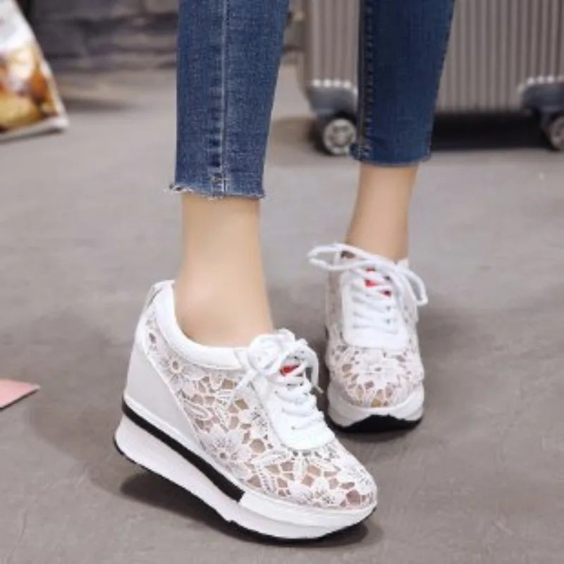 Womens Wedge Heel Block Heel Sandals Mesh Surface Women Shoes Breathable Casual Shoes Lace Up Tenis Thick Sole Sneakers