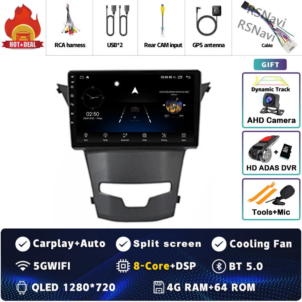 Android 15 For SsangYong Korando 3 Actyon 2 2013-2017 2K QLED Android Car Radio Multimedia Video Player GPS Stereo CarPlay 4G BT