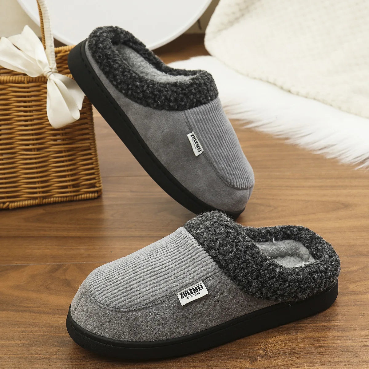 Litfun Winter Men Cotton Shoes Warm Fleece Lined Outdoor Fashion Fuzzy Slides Indoor Antiskid Short Plush Female House Slippers