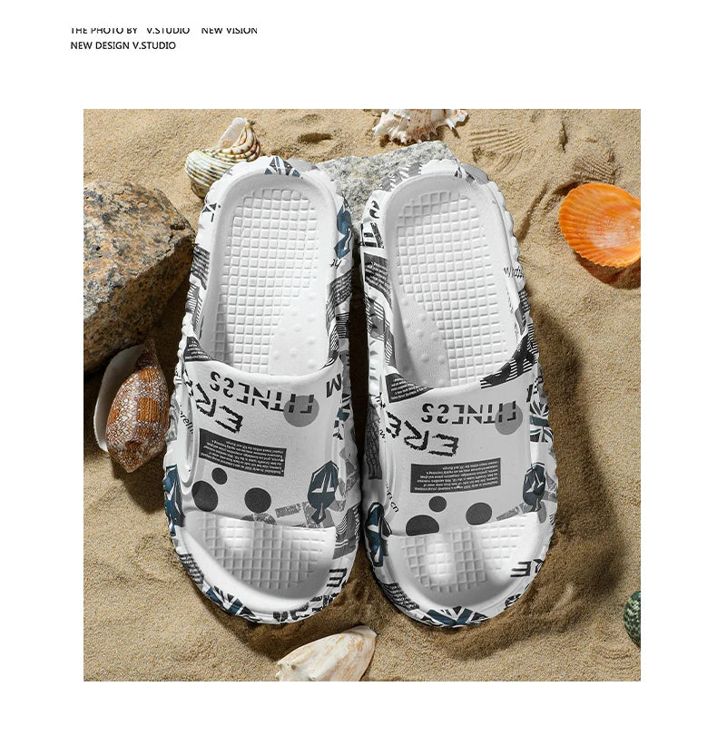 New Stylish Men Slides Shoes Indoor Comfortable Summer Male Casual Slippers Print Soft Non-slip Massage EVA Slippers Outdoor 886
