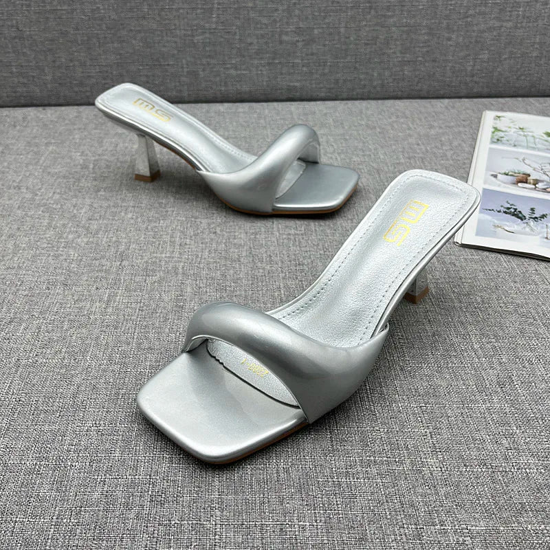 Modern Slippers 2024 Summer New Patent Leather Asymmetric High Heel Slippers Stiletto Stylish Outside Women's Sandals