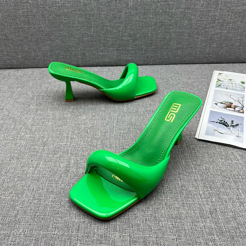Modern Slippers 2024 Summer New Patent Leather Asymmetric High Heel Slippers Stiletto Stylish Outside Women's Sandals