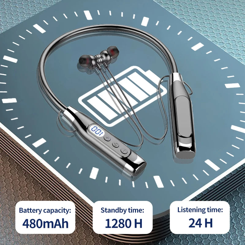 سماعة رأس بلوتوث لاسلكية مع شاشة رقمية LED وسماعة رأس معلقة على الرقبة يمكن إدخال بطاقة سماعات أذن بلوتوث رياضية للجري
