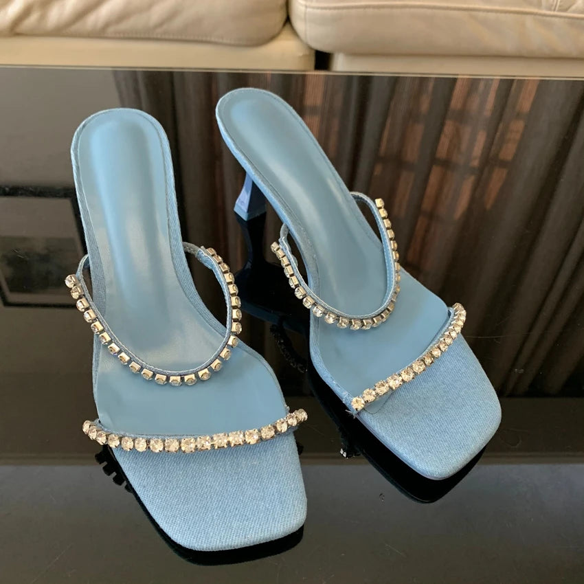 Denim Rhinestone Heels Sandals Women Mules 2024 Fashion High heels Women Shoes Sexy Open Toe Pumps Modern Office Casual Sandals