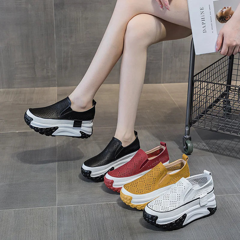 Fujin 7cm Genuine Leather Women Vulcanized Platform Wedge Chunky Sneaker Casual Stable Fashion Skate Boarding High Brand Shoes