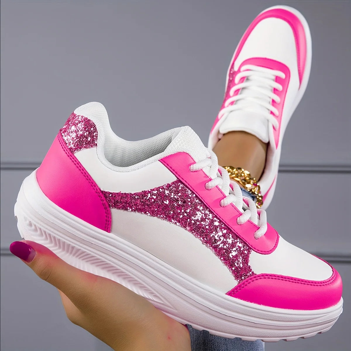 Women's Pure Color Sequins Sneaker, Lace-up Platform Sequined Decorative Walking Rock Shoes, High Top Sneakers Sneaker