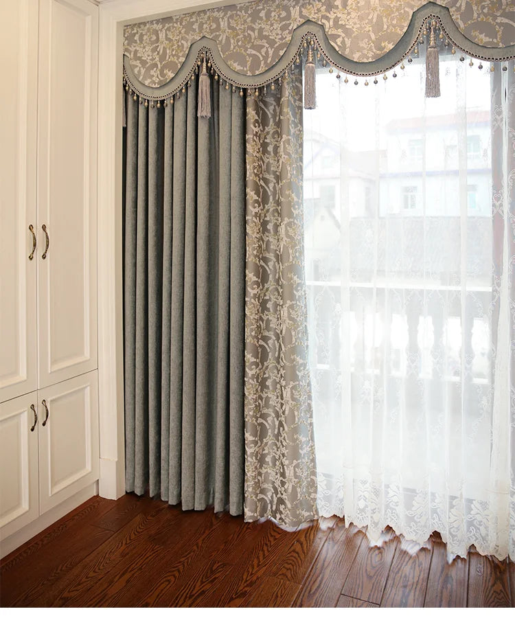 Custom Curtains for Living Room Simplicity Lace Splicing Green Chenille Blackout Embroidery Valance Tulle High Quality Fabric