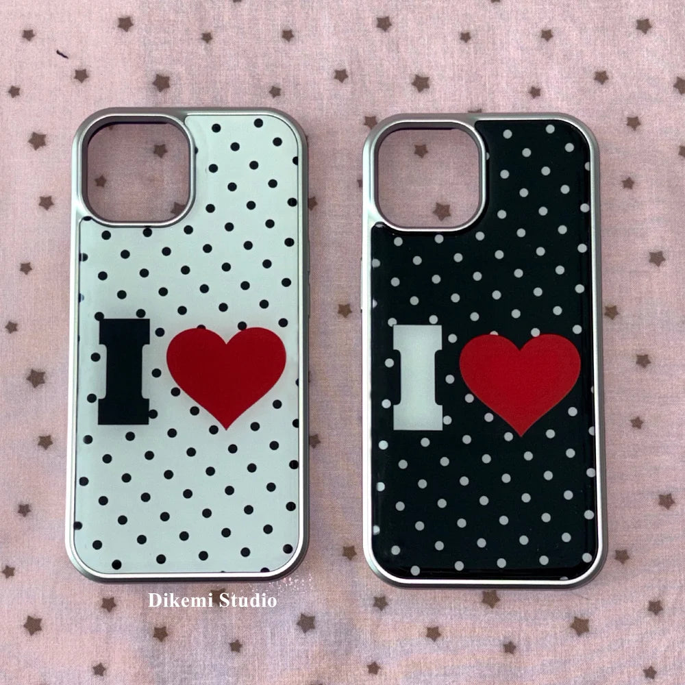 جراب هاتف كوري أسود أبيض منقط باللون الأحمر لطيف من Love Kawaii لهاتف iPhone 16 E 15 14 13 12 11 Pro Max XR XS 7 8 Plus Y2K