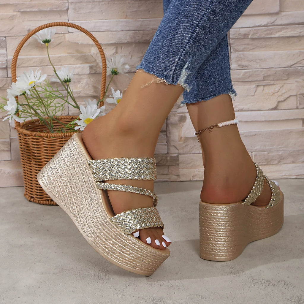 Women Sandals 2025 Summer New Outdoor Beach Sandals Comfortable Gold Wedges Shoes for Women Design Casual Sandals Size 35-43