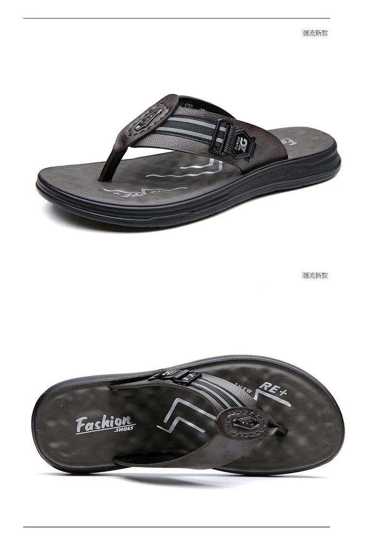 Big Size Leather Slippers for Men 2025 Summer New Designer Flip Flops Male Fashion Casual Outwear Beach Slipper Shoes Man