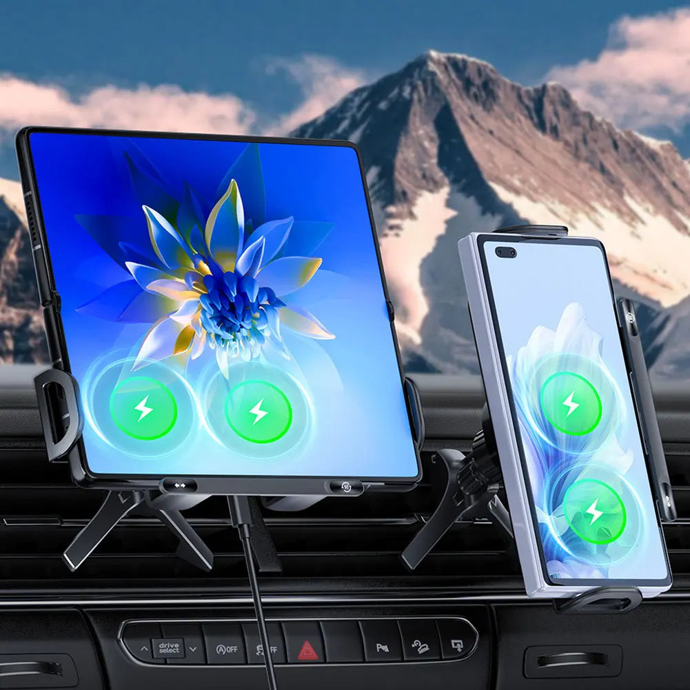 15W Car Wireless Charger Dual Coil Fold Screen Phone Holder Touch Rotation Phone Mount for Smartphone/Pad/Foldable Phone/Tablet