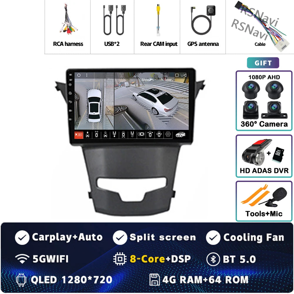 Android 15 For SsangYong Korando 3 Actyon 2 2013-2017 2K QLED Android Car Radio Multimedia Video Player GPS Stereo CarPlay 4G BT