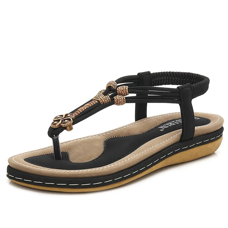 2025 Large Size36-44 Fashion Flip Flops Retro Bohemian Solid Color Flat Sandal for Women Elastic Band Slip on Shoes Summer Beach