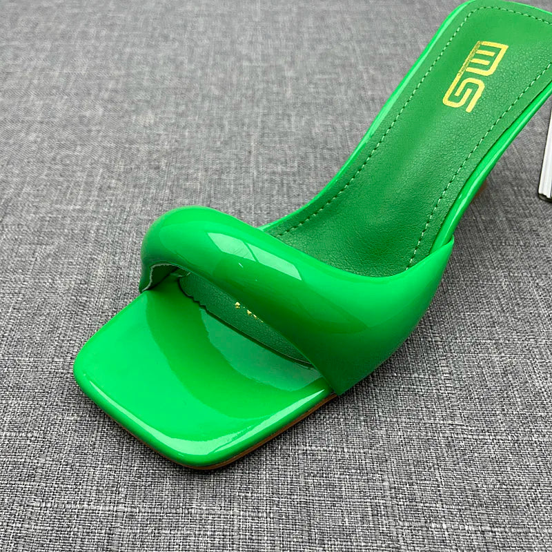 Modern Slippers 2024 Summer New Patent Leather Asymmetric High Heel Slippers Stiletto Stylish Outside Women's Sandals