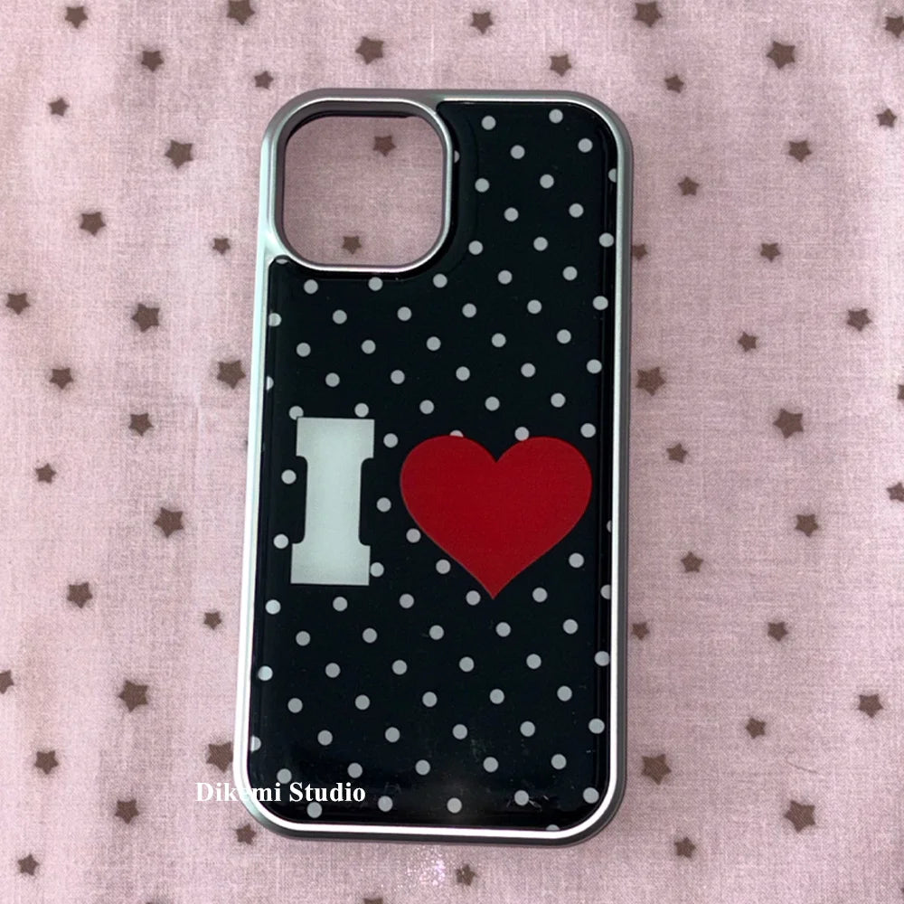 جراب هاتف كوري أسود أبيض منقط باللون الأحمر لطيف من Love Kawaii لهاتف iPhone 16 E 15 14 13 12 11 Pro Max XR XS 7 8 Plus Y2K
