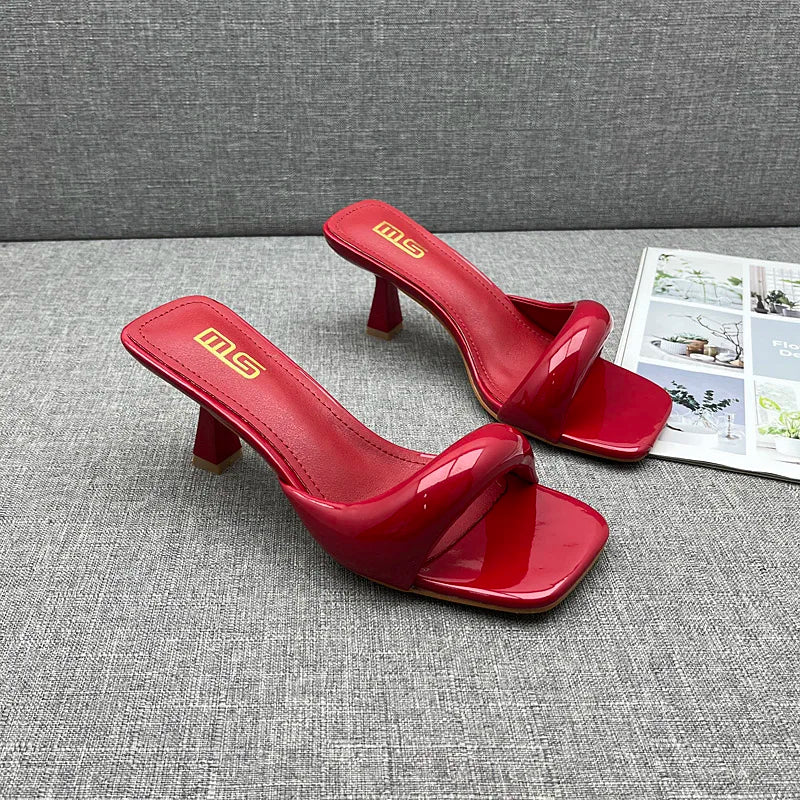 Modern Slippers 2024 Summer New Patent Leather Asymmetric High Heel Slippers Stiletto Stylish Outside Women's Sandals