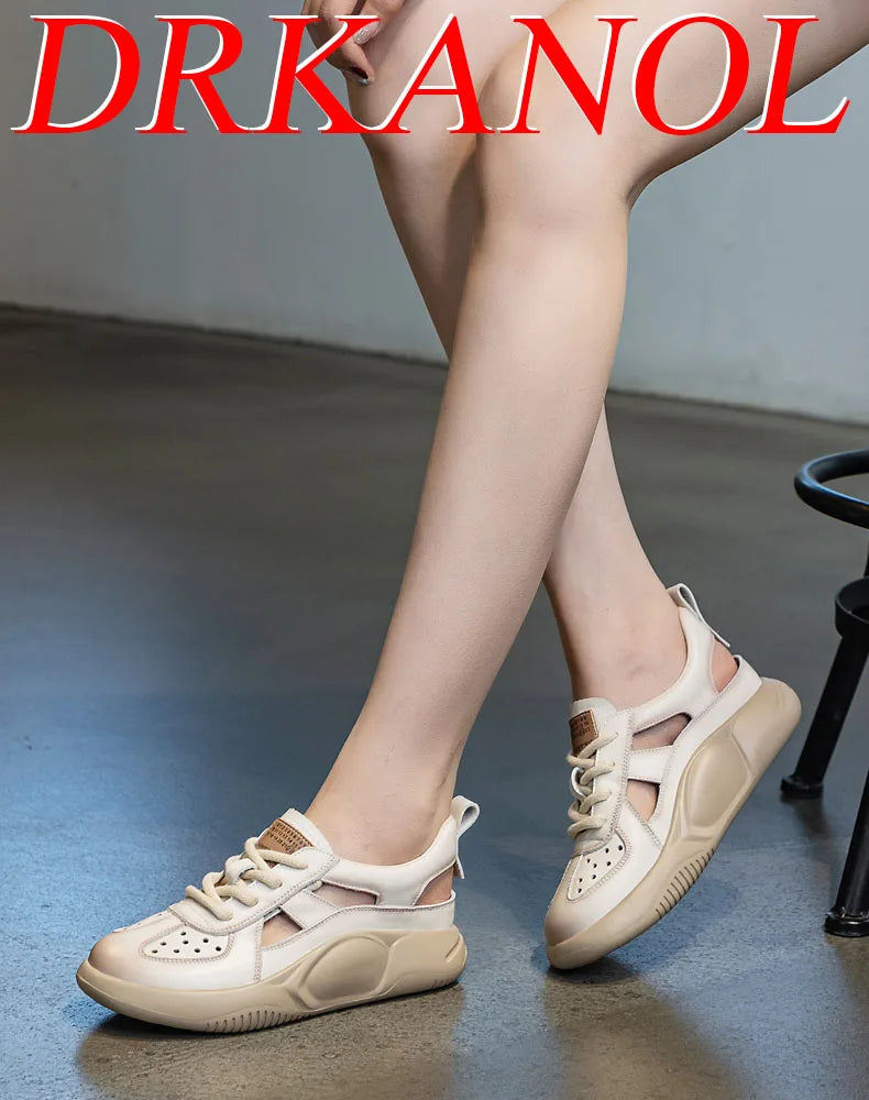 DRKANOL Platform Sandals Women Summer Round Toe Shoes Lace-Up Genuine Leather Thick Bottom Lightweight Casual Sneakers Sandals