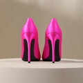 Rose red satin high heels, women's slim heels,2025new style,temperament goddess Fan Mingyuan, shallow mouth pointed single shoes