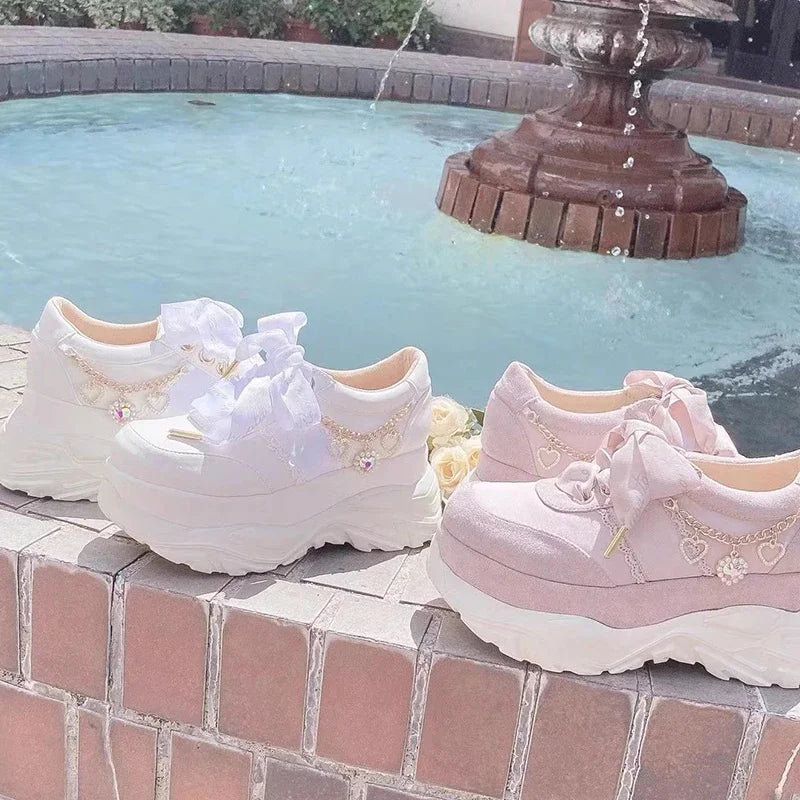 Liz Japanese Heart Shape Rhinestone Pearl Mine Series Thick Bottom Platform Lolita Casual Muffin Shoes Sweet Sports Shoes