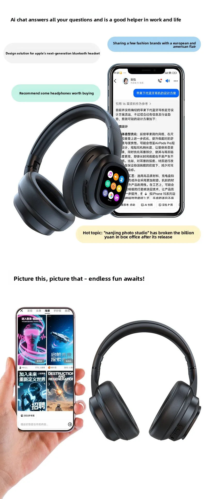 New HYUNDAI X1PRO Wireless Bluetooth 6.0 Headphone,AI Translation Earphones,100+Languages,With Magnetic Touch Control LED Screen