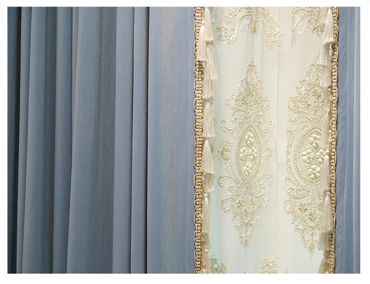 Modern European Luxury Curtains for Living Room Bedroom Blue Velvet Spliced Tassel Curtain Flat Valance Embroidered Tulle Custom