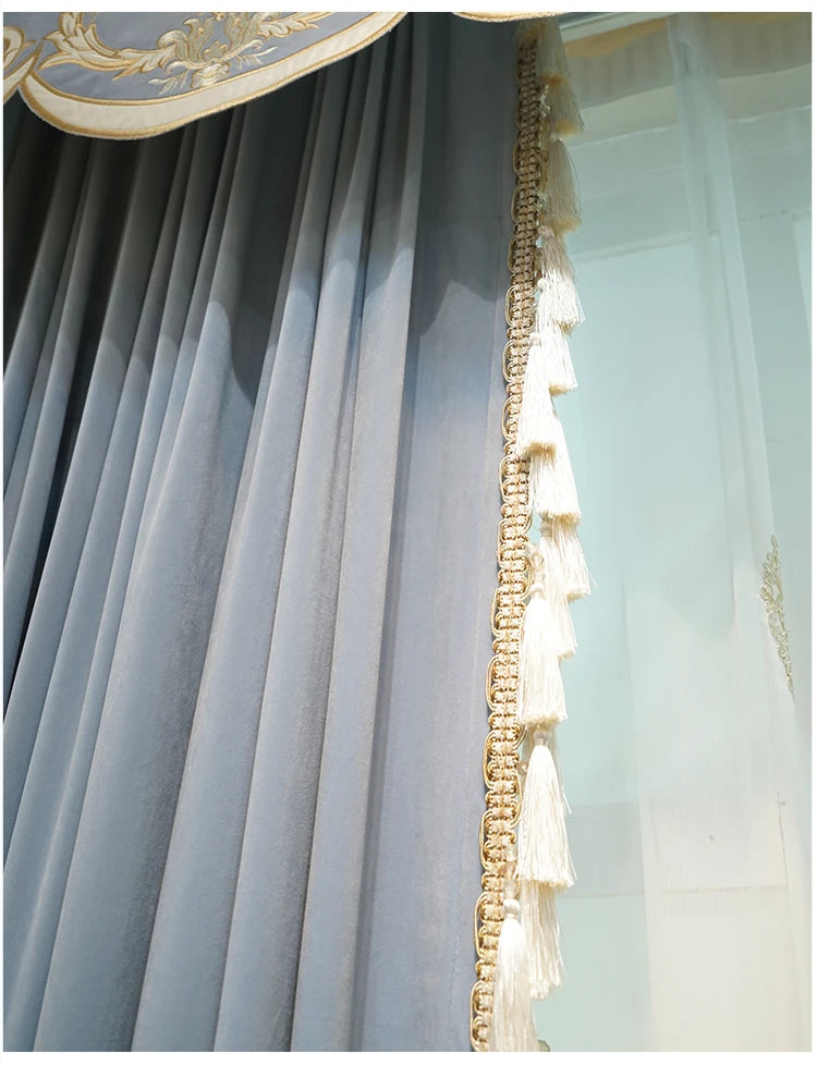 Modern European Luxury Curtains for Living Room Bedroom Blue Velvet Spliced Tassel Curtain Flat Valance Embroidered Tulle Custom