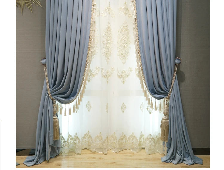 Modern European Luxury Curtains for Living Room Bedroom Blue Velvet Spliced Tassel Curtain Flat Valance Embroidered Tulle Custom