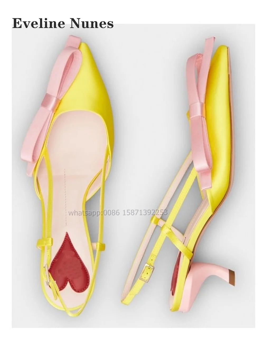 Bow Heart-Shaped Satin Sandals Pointed Toe Thin Heels Back Strap Side Air Slingback Women Pumps Buckle Strap Mixed Colors Shoes